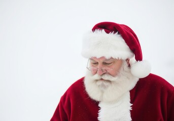 Santa Claus Portrait in Red Velvet Suit With White Fur Trim and Glasses