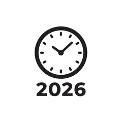 Black icon 2026 symbol of a round wall clock face showing the hour and minute with a white background for time, deadline, or business