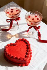 Celebrating love with heart-shaped cake and sparkling drinks at a cozy indoor setting