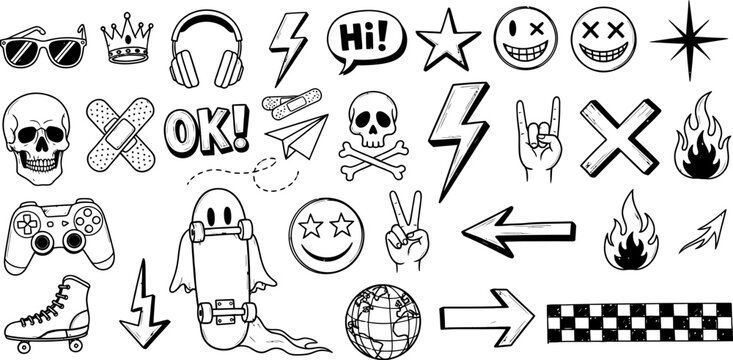 Collection of hand drawn doodle icons and symbols representing music gaming rebellion and pop culture elements