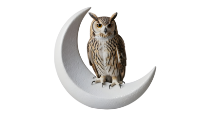 Eagle owl perched on a moon sculpture isolated on white background