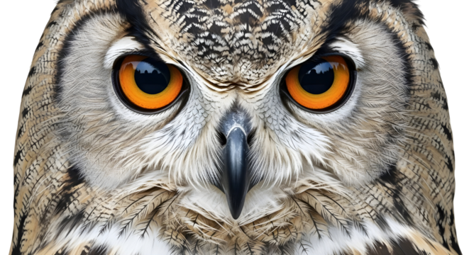 Close-up of a majestic owl head isolated on white