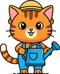 Cute Cartoon Orange Cat Gardener Wearing Hat and Overalls Holding Watering Can on White Background Vector Illustration
