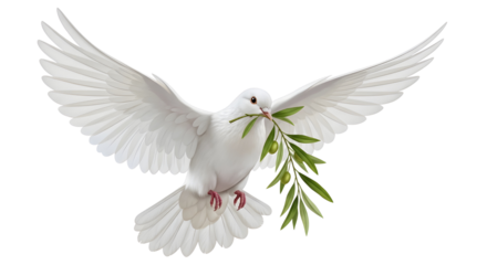 Dove flying with olive branch in beak on white background