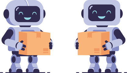 Cute friendly delivery robots carrying boxes in a modern futuristic illustration representing smart automation and efficient logistics services