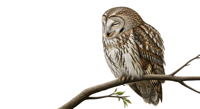 Happy owl sitting on a branch on white background