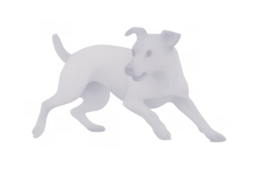 White 3d model of a playful dog, digitally rendered, standing with a transparent background for creative design