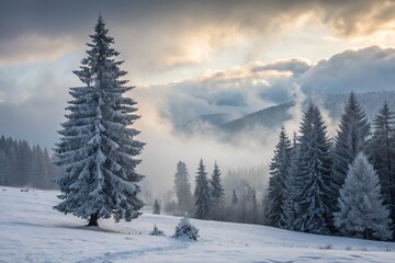 Beautiful winter landscape with snowy fir trees and fog.