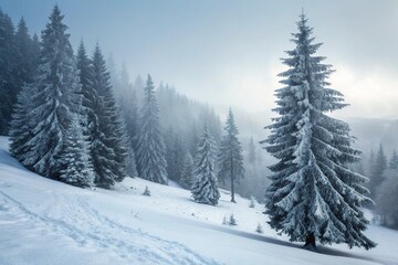 Naklejka premium Beautiful winter landscape with snowy fir trees and fog.