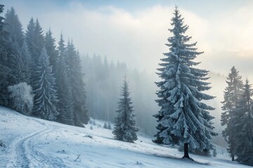 Obraz premium Beautiful winter landscape with snowy fir trees and fog.
