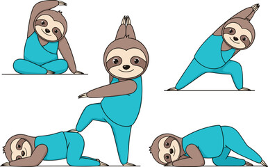 Cute sloth characters practicing calming yoga exercises in various relaxing poses wearing blue outfits for mindfulness wellness illustrations © MDMuradul