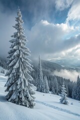 Fototapeta premium Beautiful winter landscape with snowy fir trees and fog.