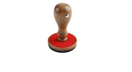 Wooden rubber stamp with red ink pad on white background
