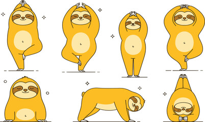 Fototapeta premium Cute sloth characters practicing relaxing yoga poses in a playful wellness illustration set for mindfulness and healthy lifestyle designs