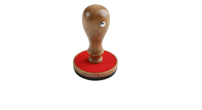 Wooden rubber stamp with red ink pad on white background