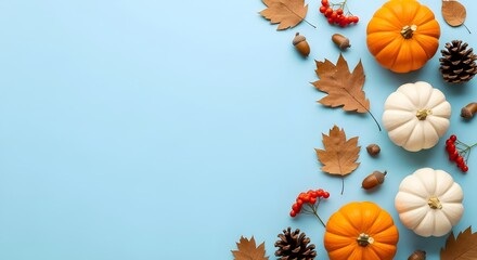 Vibrant autumn arrangement of pumpkins, leaves, acorns, and pinecones on a soft blue background