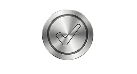 Silver metal button with a checkmark on white background
