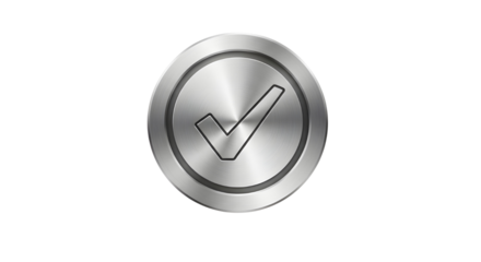Silver metal button with a checkmark on white background