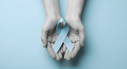Hands gently hold a pale blue awareness ribbon, symbolizing hope and support for men's health.