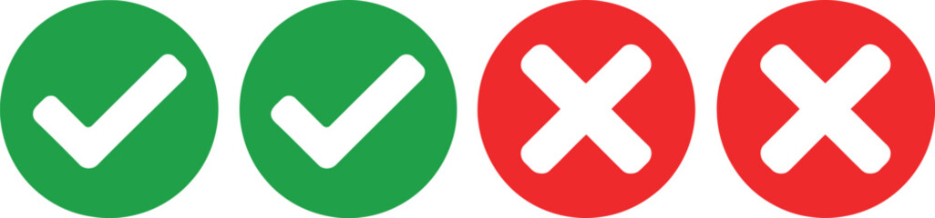 Fototapeta premium Collection of green checkmark and red cross icons symbolizing approval, correctness, success, error, rejection, and denial, ideal for user interface design and feedback systems