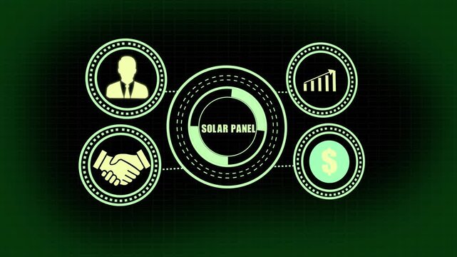 Business Icons Arranged Around Central Text SOLARPANEL with Financial Growth and Handshake Symbols Keywords: business, finance, handshake, growth, money, dollar, success, partnership