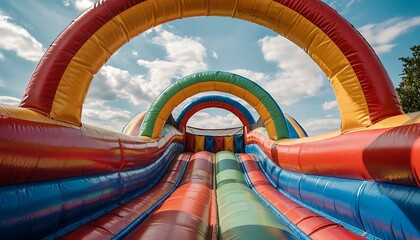 Vibrant rainbow inflatable slide with multiple archways and slides under a bright blue sky with clouds