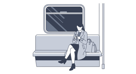 Elegant woman using her smartphone in the subway train illustration on a gray scale depicting