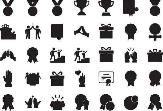 Collection of award and achievement icons including medals, trophies, gifts, and certificates