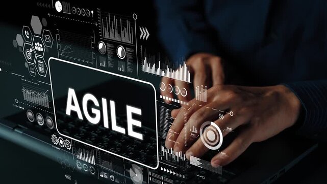 Hands Typing on a Laptop with Digital Interface Symbols Representing Agile Project Management Concepts. Asymptotic smart data analytic.