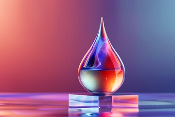 Modern glass sculpture with vibrant blue and red hues, smooth gradients, a glossy finish, and dynamic lighting on a clear block against a gradient background