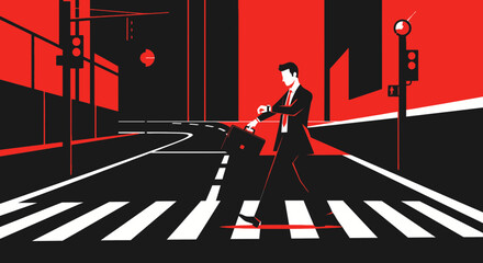 Late for meeting, stylized illustration of businessman checking time on street
