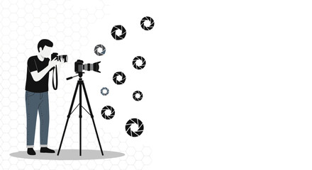 Photographer capturing moments with camera and lens aperture background vector illustration