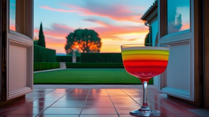 Summer Vacation Concept with Layered Beverage and Sunset Landscape