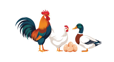 Farm animals including a rooster a hen and a duck with eggs on the farm.