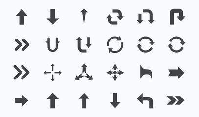 Collection of diverse black arrow icons and symbols representing direction movement and navigation on a light background