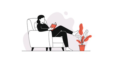 A person relaxes in a chair reading a book with a plant nearby.