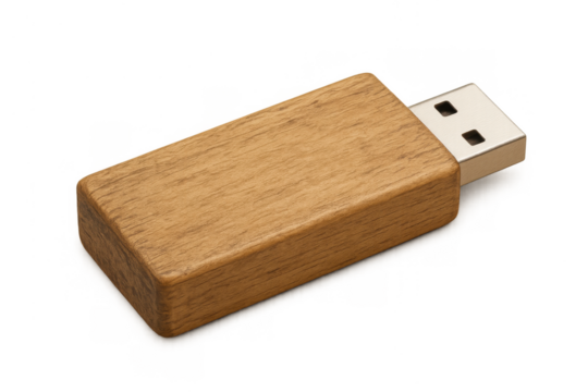 Wooden usb flash drive displaying eco-friendly design for data storage and portable digital information transfer on transparent background