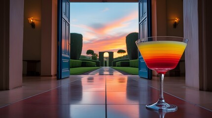Elegant Evening Relaxation: Colorful Cocktail Framed by Open Door