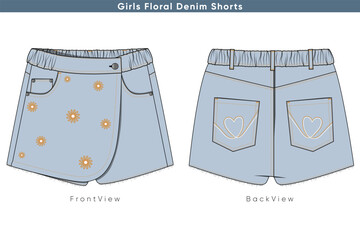 Girls Floral Denim Shorts with Heart Pocket