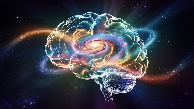 Abstract visualization of a glowing translucent human brain with colorful cosmic energy swirling within and around it against a dark starry background