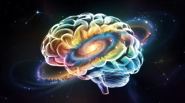Vibrant colorful human brain with galaxy nebula inside illustrating creativity imagination and cosmic consciousness