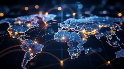 Global network of glowing digital connections and data streams illuminating the continents of planet earth at night