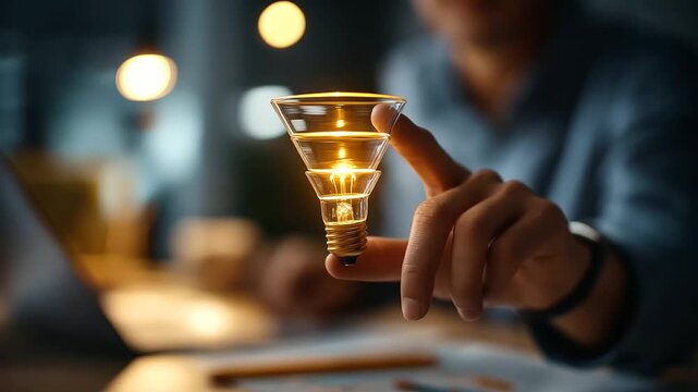 Hand pointing at conversion funnel with lightbulb bottleneck solution creative CRO strategy digital optimization analytics visible face not shown workspace defocused with cop