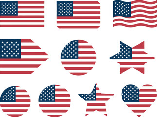Obraz premium A versatile collection of American flag icons and symbols in various creative shapes including circles, stars, and hearts, representing USA patriotism