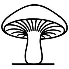 Minimalist line drawing of a single forest mushroom with a broad cap and bold gills, shown in clean black outline on a white background&mdash;perfect for stickers, logos, and nature-themed designs.