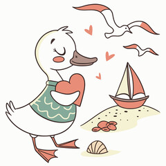 SVG art: A Peaceful Duck in a Beach day vibe with holding a heart, tinted with Ocean Breeze tones