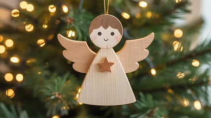 Fototapeta premium Charming handmade wooden angel ornament with delicate wings and a star detail hanging on a festive christmas tree with blurred bokeh lights