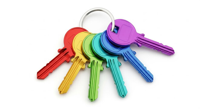A set of colorful keys attached to a silver ring, displayed on a plain white background in a studio shot