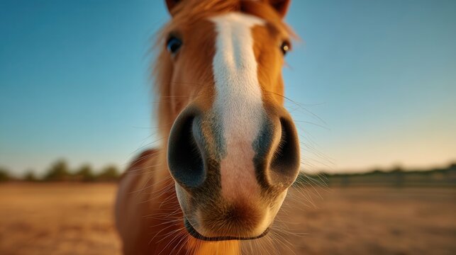 Close-Up Portrait of a Horse with Large Nostrils Against a Beautiful Outdoor Background - Powered by Adobe
