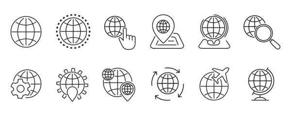 Global business vector icon set for website design, SEO, international travel, and digital marketing - modern and clean style for easy customization